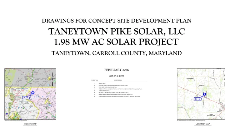 Cover sheet of the Taneytown Pike Solar concept site development plan, Carroll County, Maryland